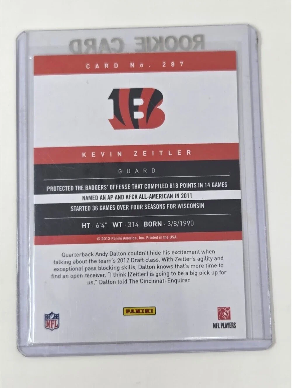 2012 Prestige Kevin Zeitler Bengals Rookie Card Signed Football Guard